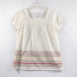 Gap Women's Cottagecore Blouse Large Cream White Cotton Striped Hem Short Sleeve